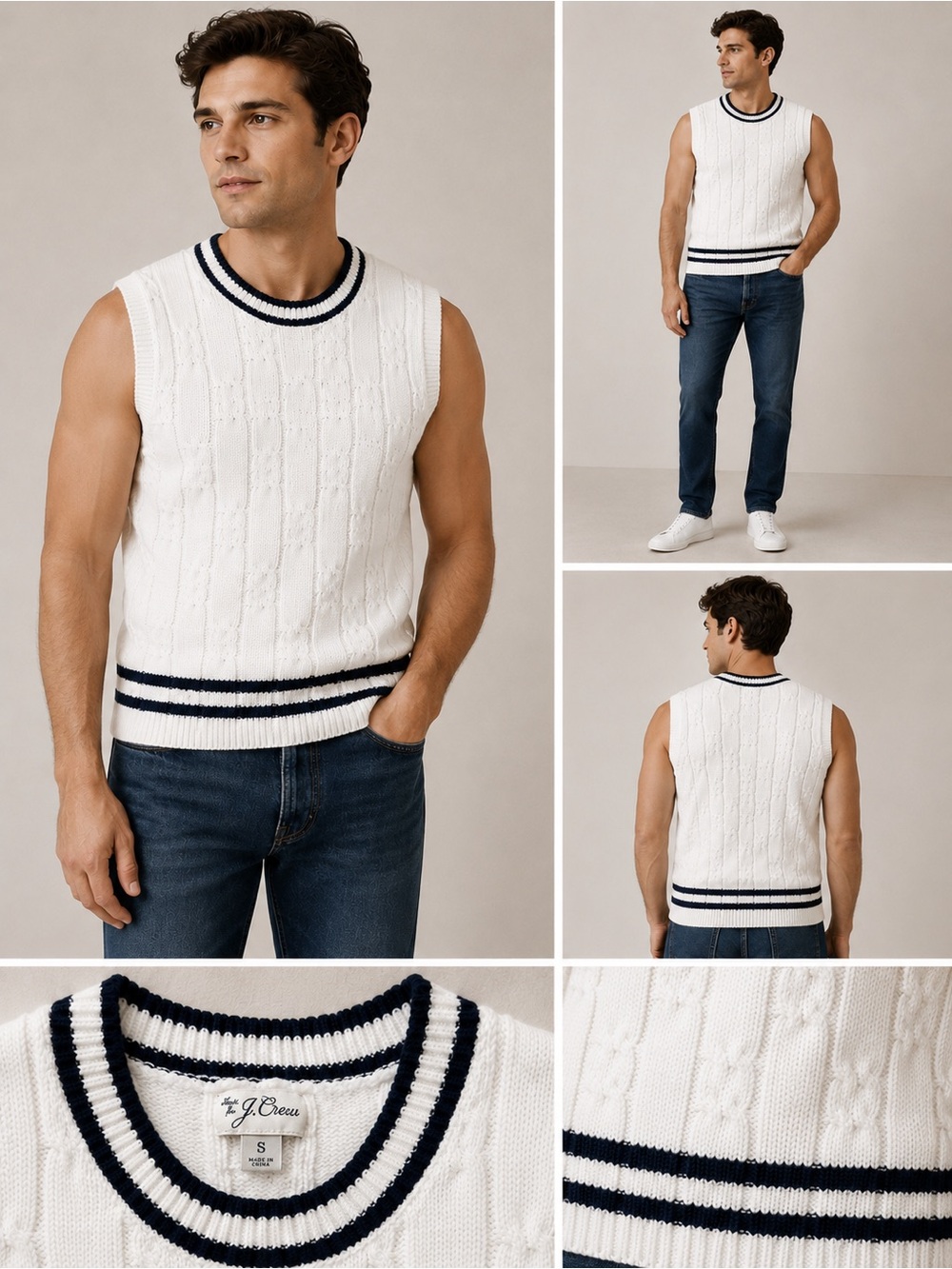 J. Crew Men's White Cable-Knit Sleeveless Sweater Vest with Navy Trim